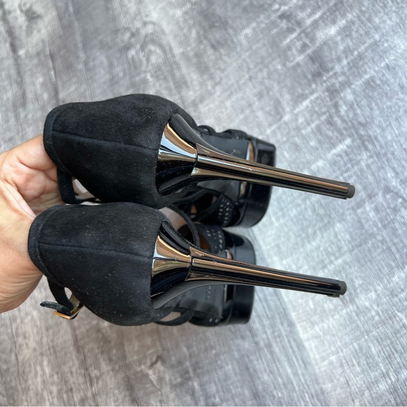 Bruno Magli Suede Leather Heels Sandals Ankle Strap Size 39 Black Butterfly - Picture 7 of 14